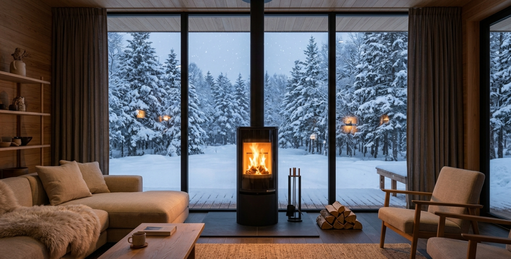 北海道の雪の森に面した、上質な別荘のリビングに置かれた薪ストーブ